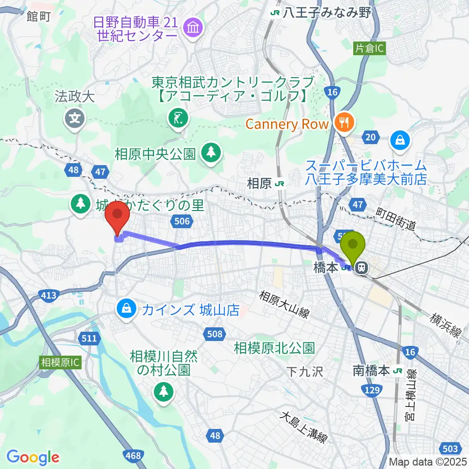 橋本駅から池田ピアノ城山工房へのルートマップ地図
