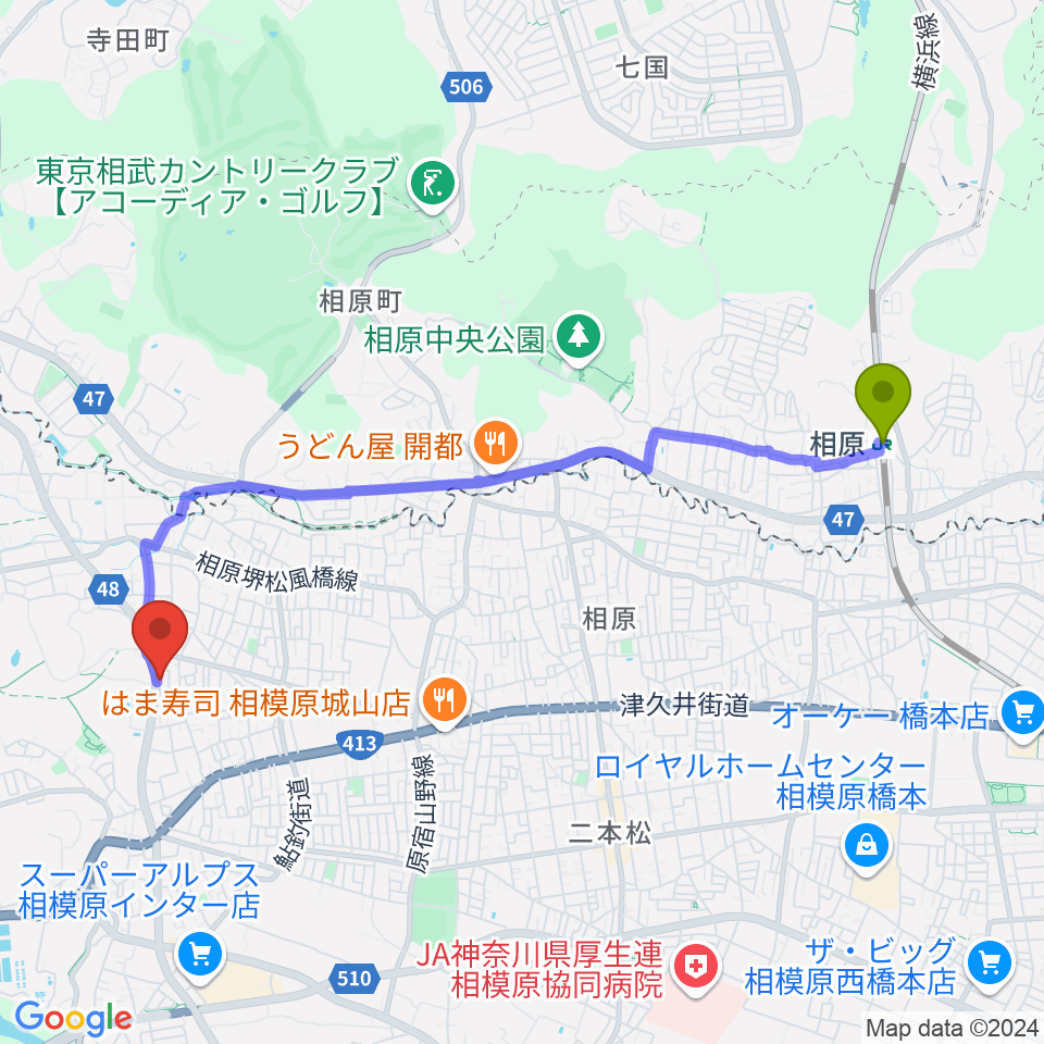 池田ピアノ城山工房の最寄駅相原駅からの徒歩ルート（約45分）地図