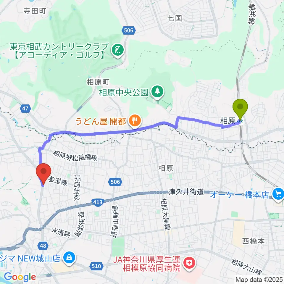 池田ピアノ城山工房の最寄駅相原駅からの徒歩ルート（約45分）地図