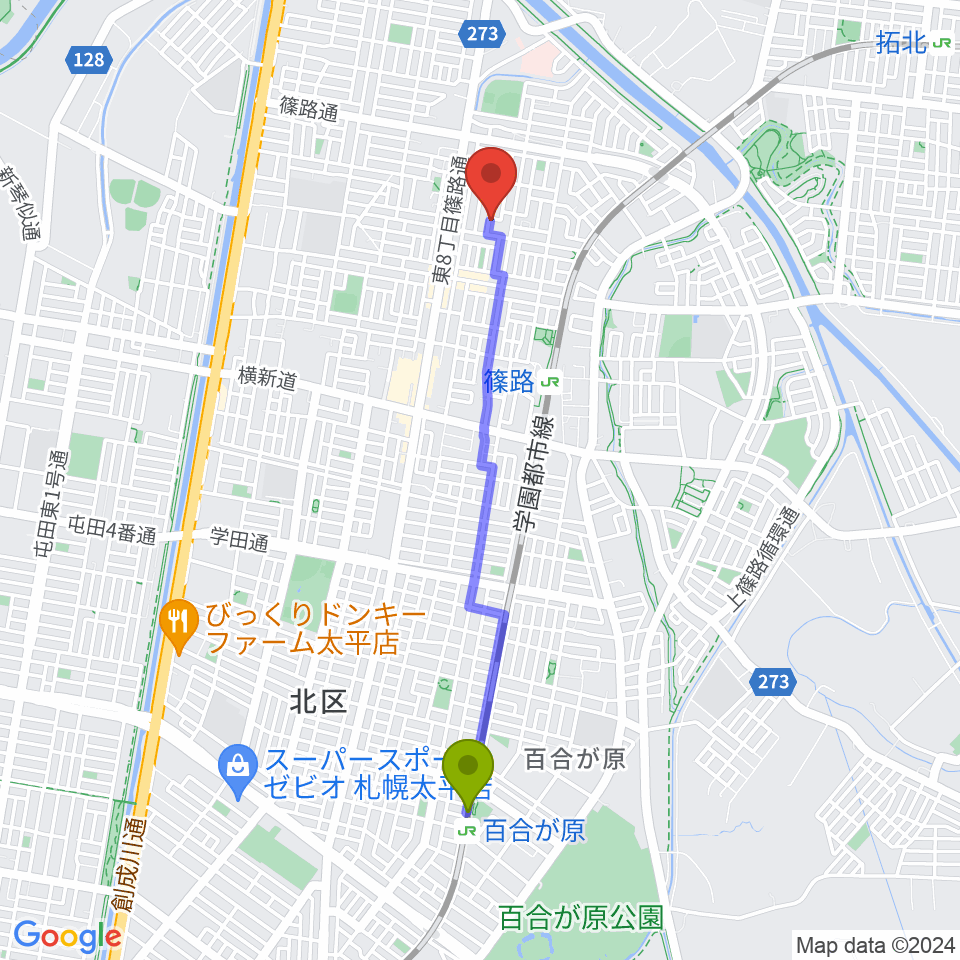百合が原駅からジャパンテューバセンターへのルートマップ地図