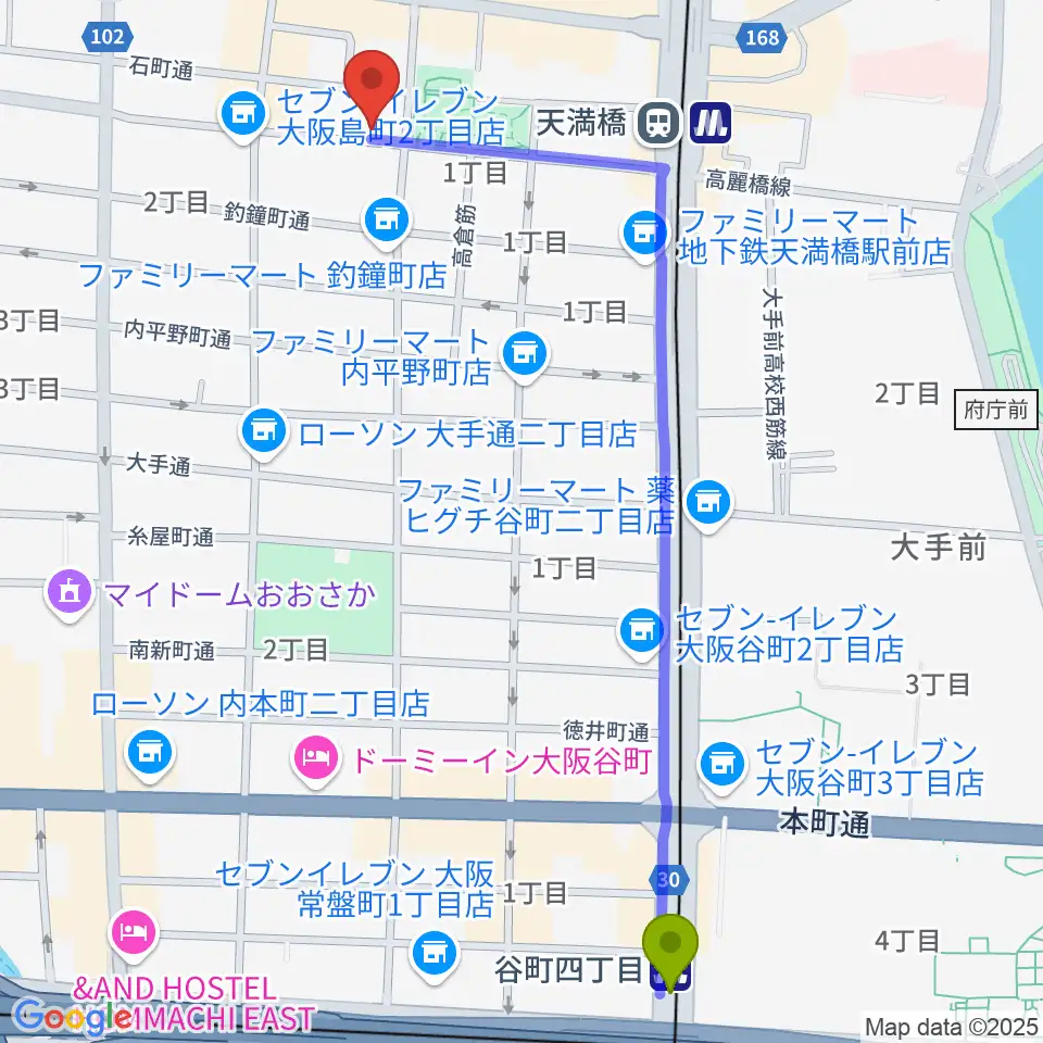 谷町四丁目駅からLiuteria-BATOへのルートマップ地図