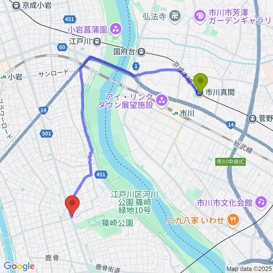 市川真間駅から海宝堂へのルートマップ地図