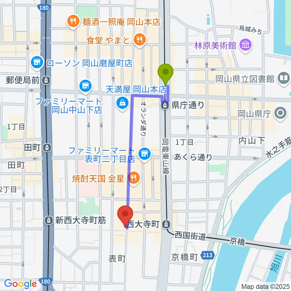 県庁通り駅から服部管楽器 岡山本店へのルートマップ地図