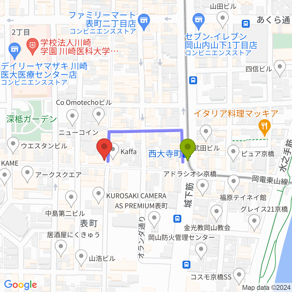 服部管楽器 岡山本店の最寄駅西大寺町駅からの徒歩ルート（約2分）地図
