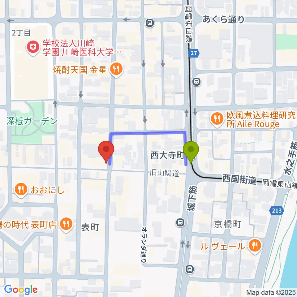服部管楽器 岡山本店の最寄駅西大寺町駅からの徒歩ルート（約2分）地図