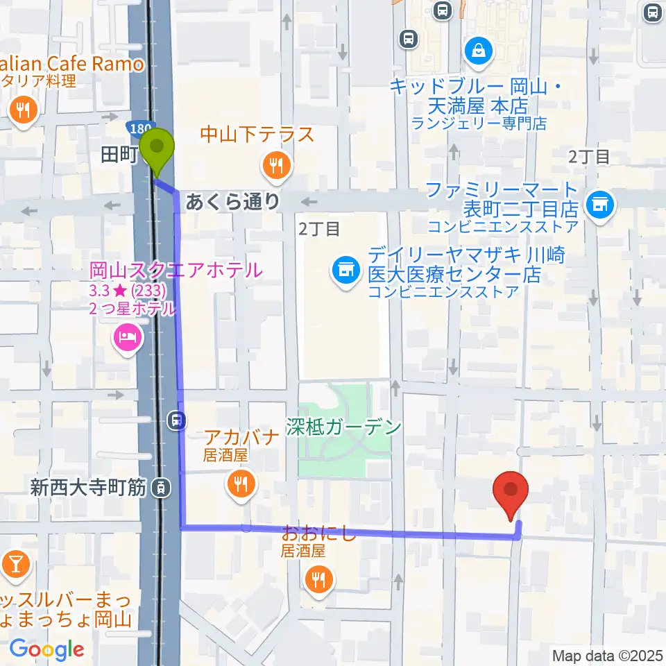 田町駅から服部管楽器 岡山本店へのルートマップ地図