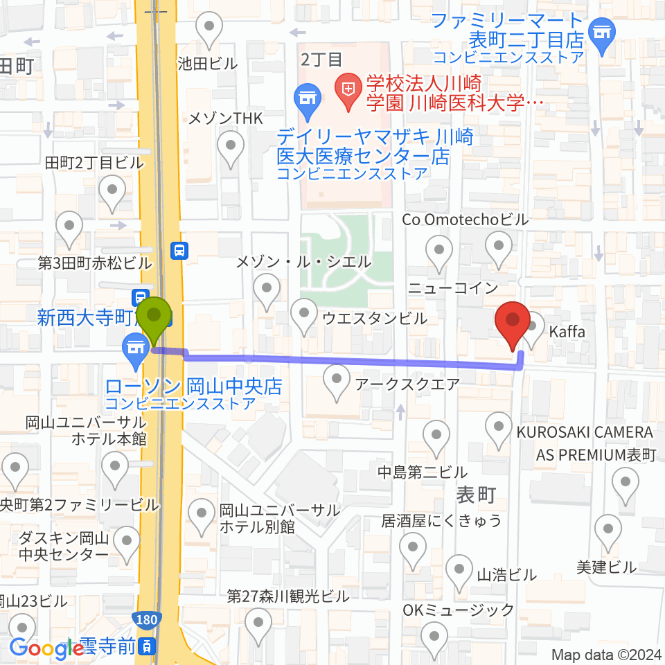新西大寺町筋駅から服部管楽器 岡山本店へのルートマップ地図