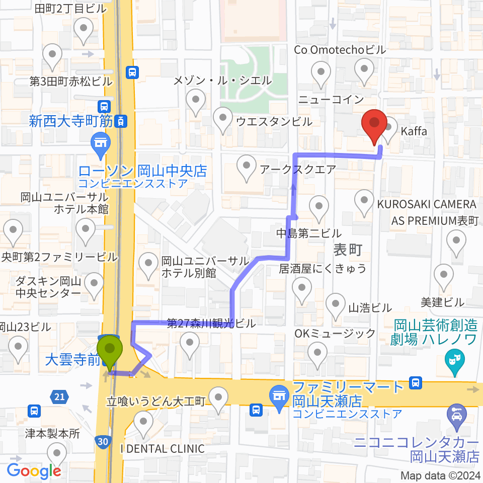 大雲寺前駅から服部管楽器 岡山本店へのルートマップ地図