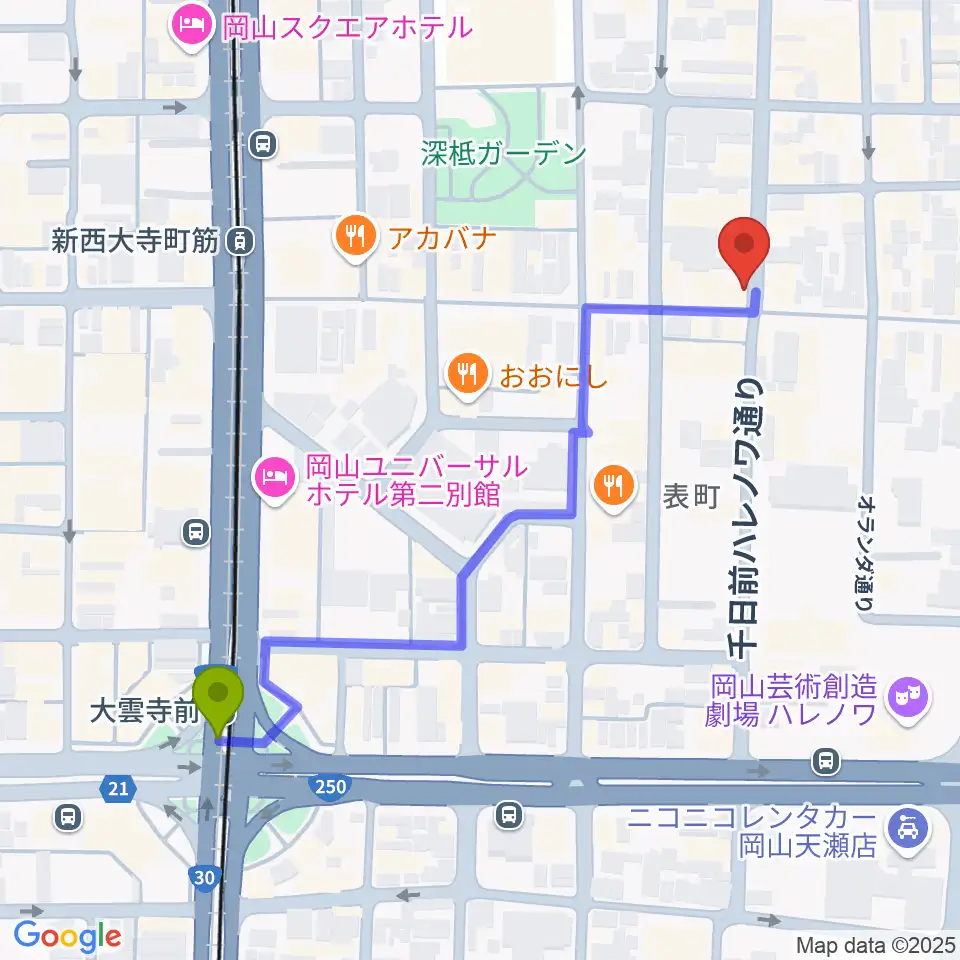 大雲寺前駅から服部管楽器 岡山本店へのルートマップ地図