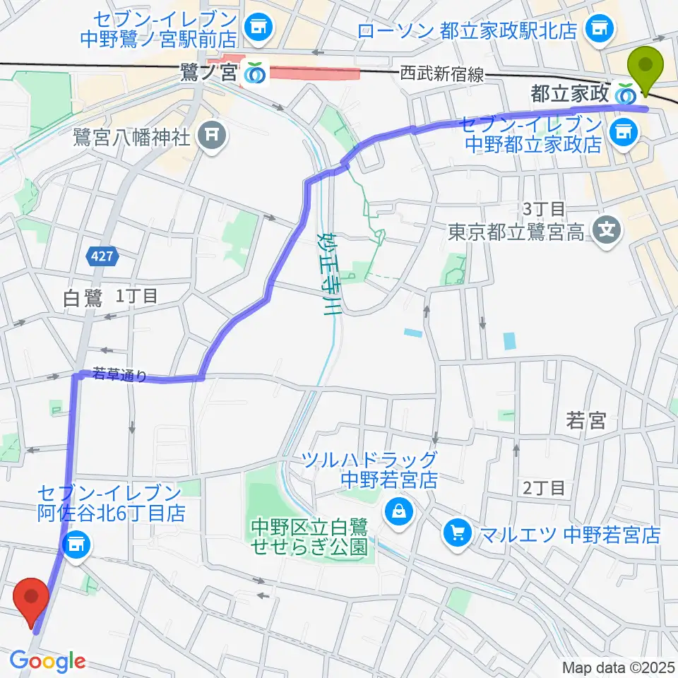 都立家政駅からきく岡邦楽器店へのルートマップ地図