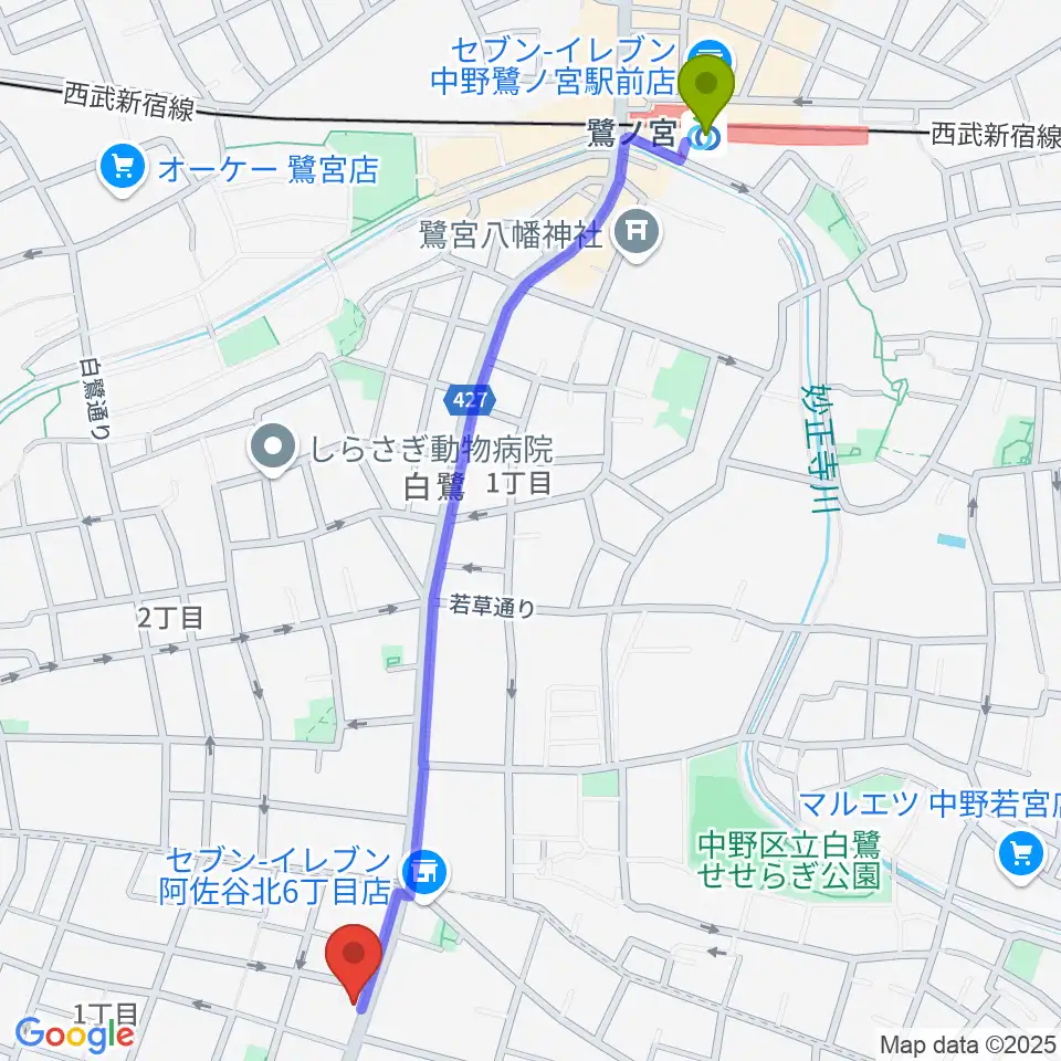 きく岡邦楽器店の最寄駅鷺ノ宮駅からの徒歩ルート（約14分）地図