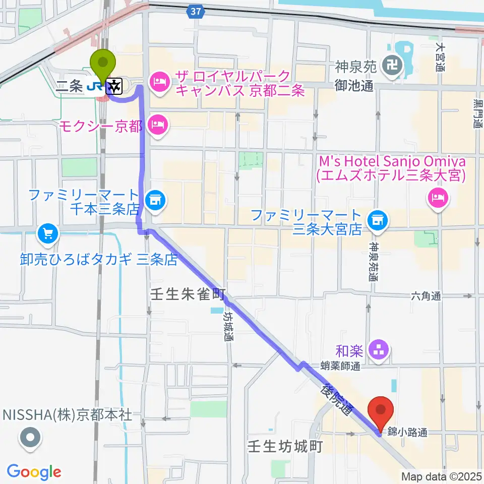 二条駅からきんこう楽器へのルートマップ地図