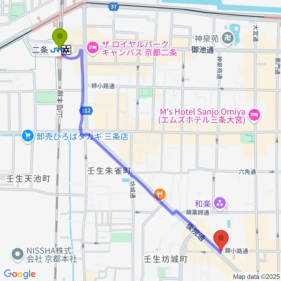 二条駅からきんこう楽器へのルートマップ地図