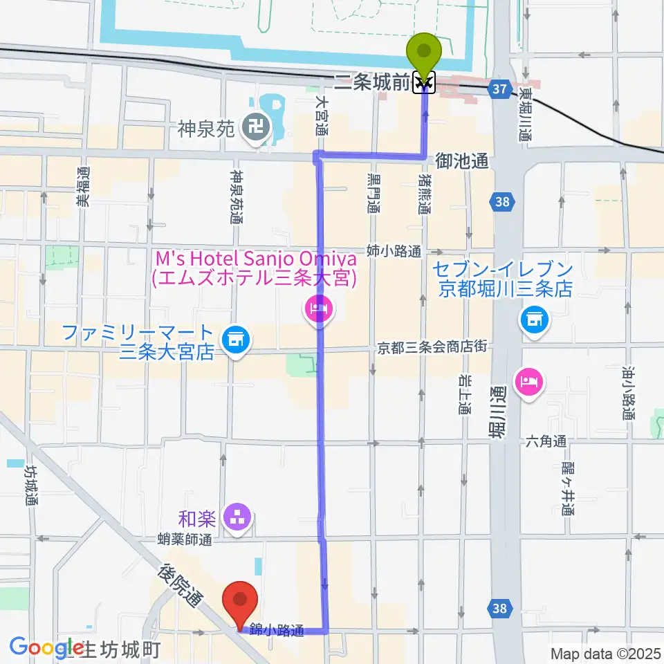 二条城前駅からきんこう楽器へのルートマップ地図