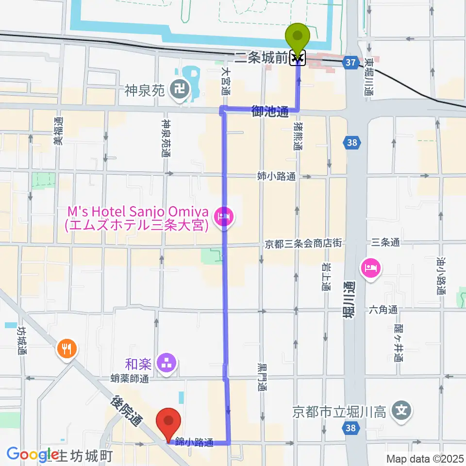 二条城前駅からきんこう楽器へのルートマップ地図