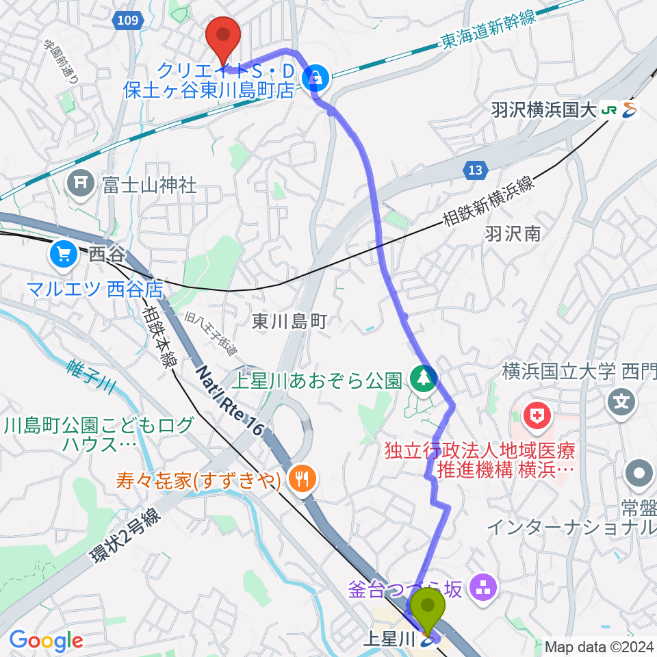 上星川駅からクラビアハウスへのルートマップ地図