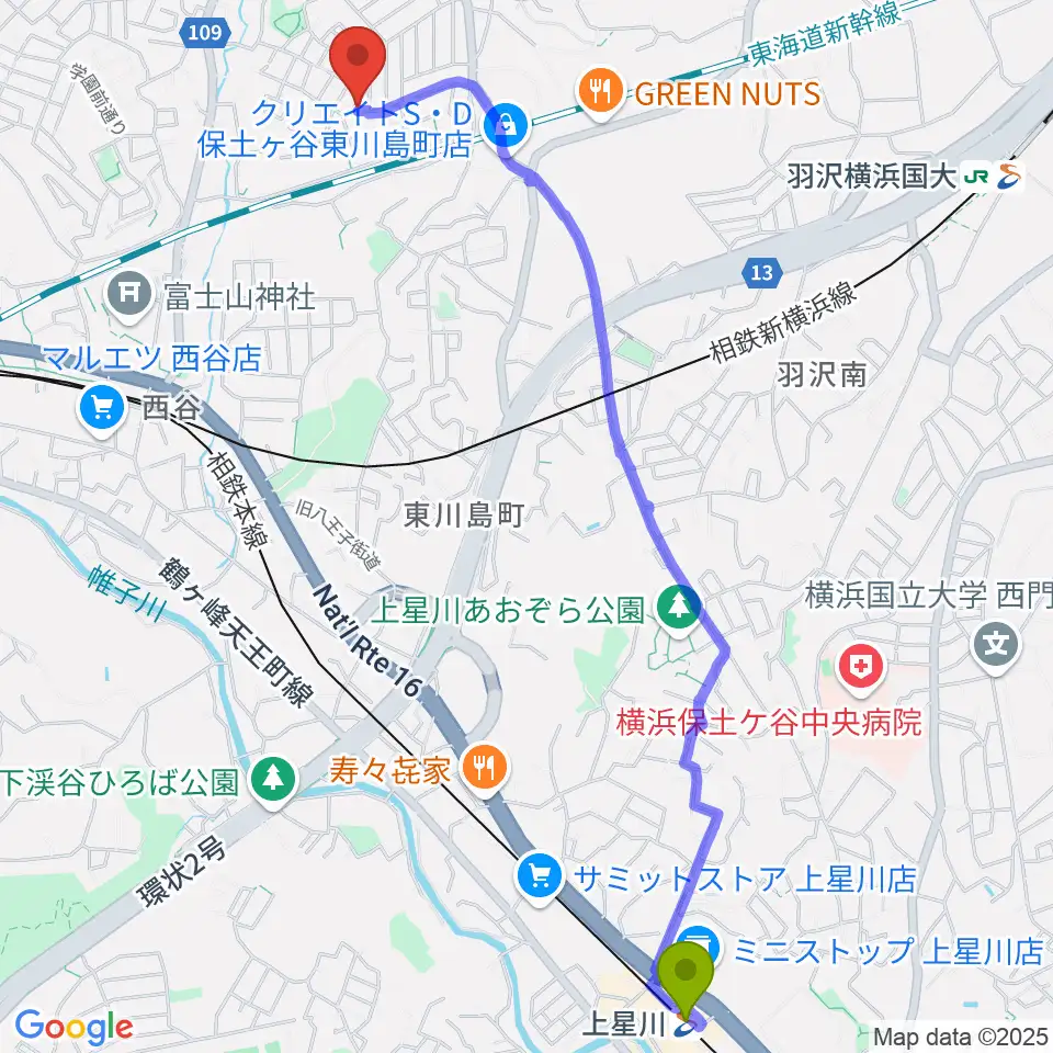 上星川駅からクラビアハウスへのルートマップ地図