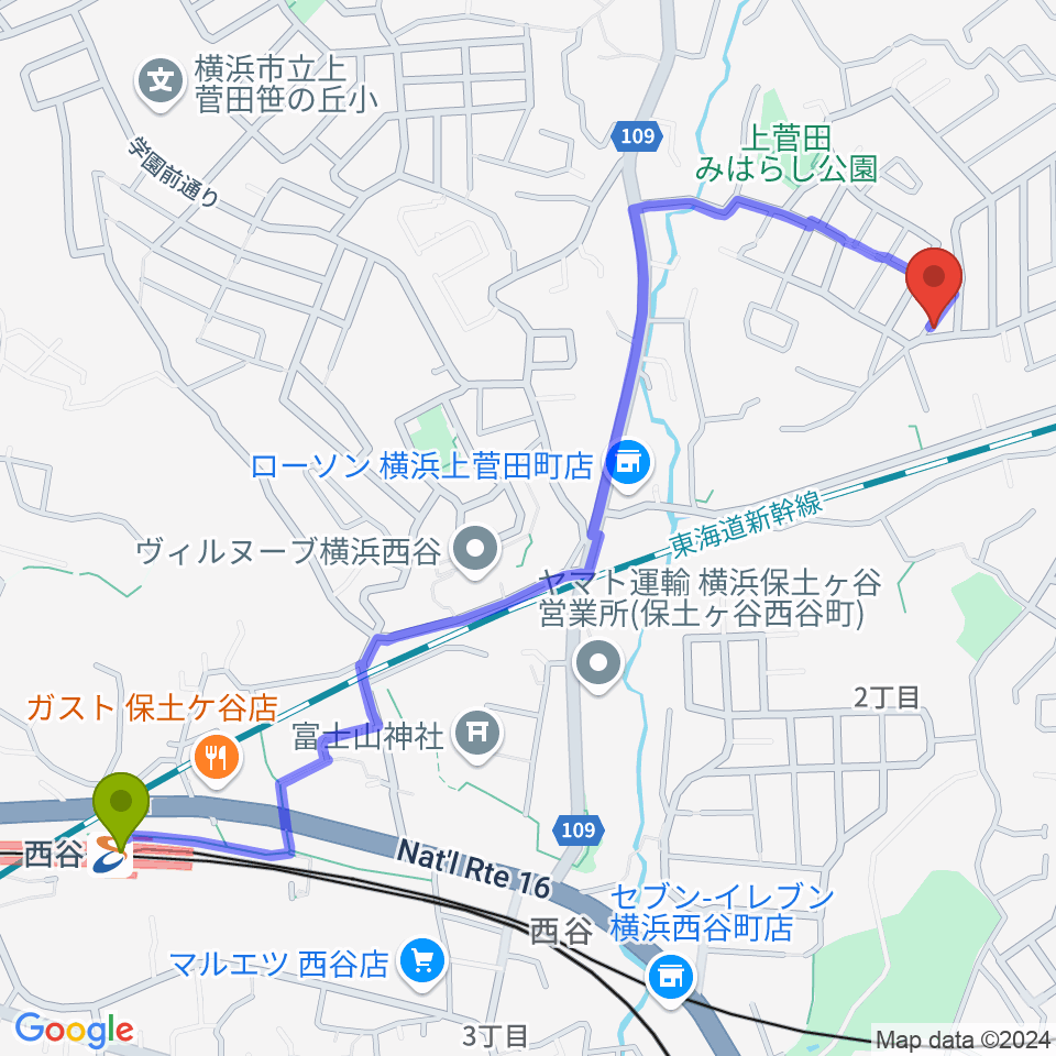 クラビアハウスの最寄駅西谷駅からの徒歩ルート（約14分）地図