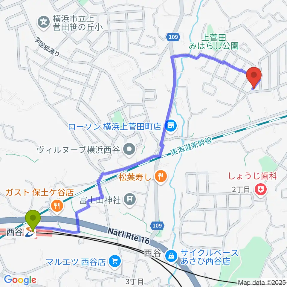 クラビアハウスの最寄駅西谷駅からの徒歩ルート（約14分）地図