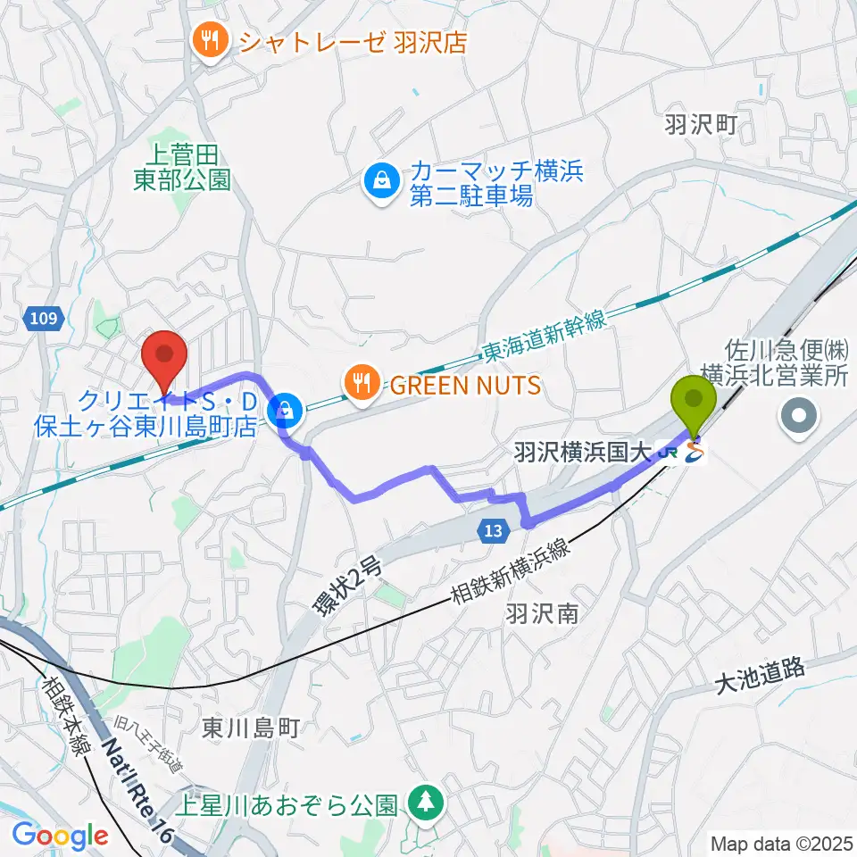 羽沢横浜国大駅からクラビアハウスへのルートマップ地図