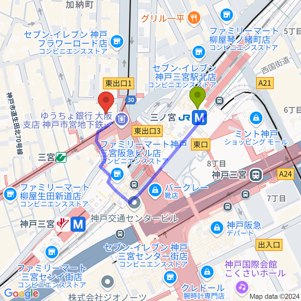 神戸楽譜の最寄駅三ノ宮駅からの徒歩ルート（約2分）地図