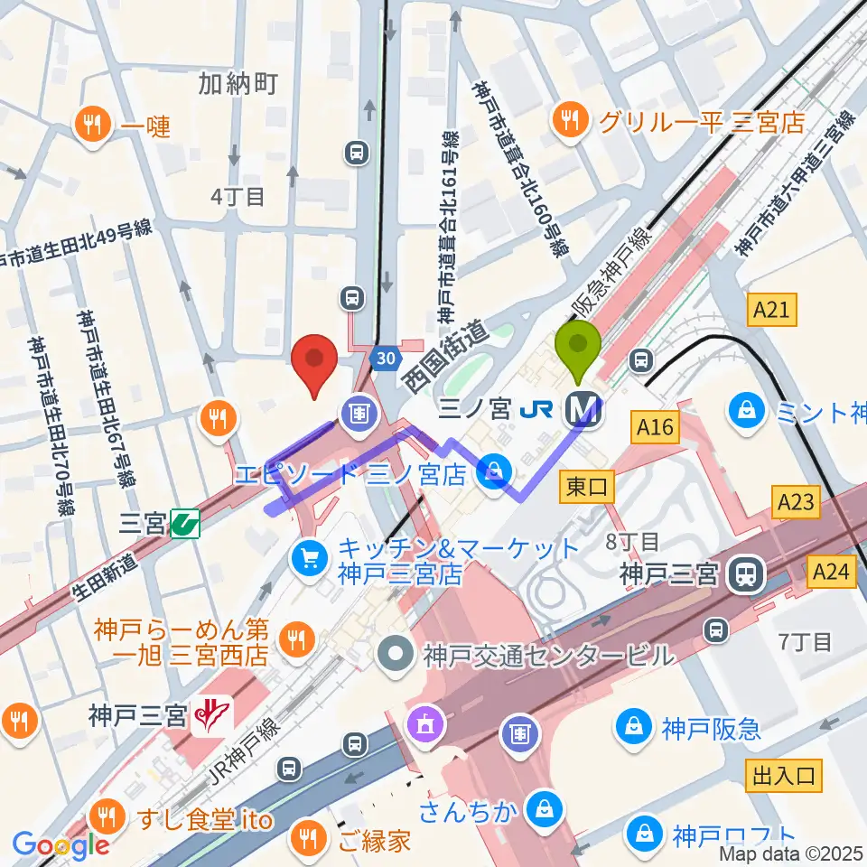神戸楽譜の最寄駅三ノ宮駅からの徒歩ルート（約2分）地図