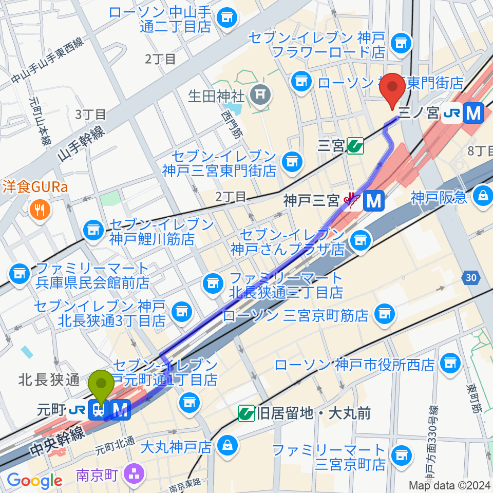 元町駅から神戸楽譜へのルートマップ地図