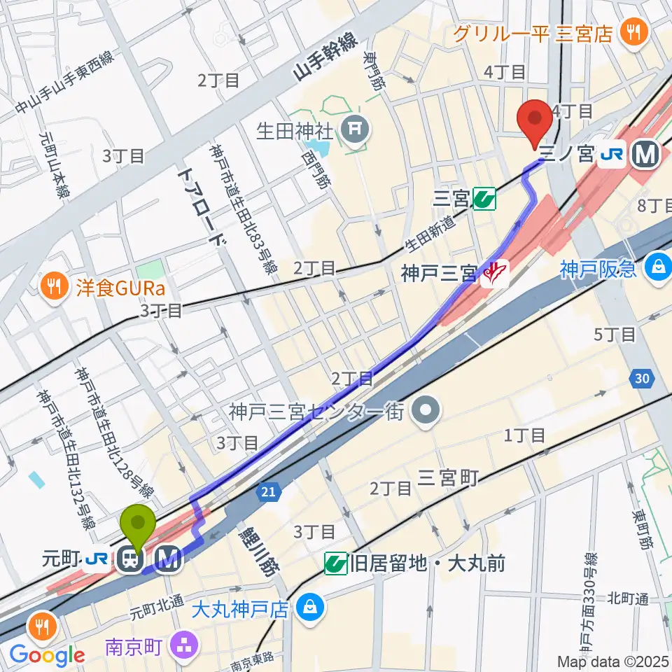 元町駅から神戸楽譜へのルートマップ地図