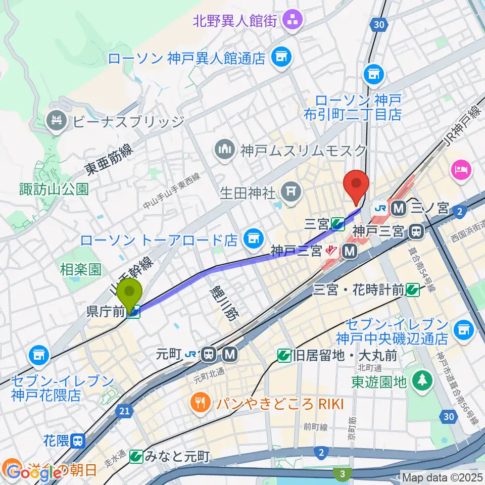 県庁前駅から神戸楽譜へのルートマップ地図