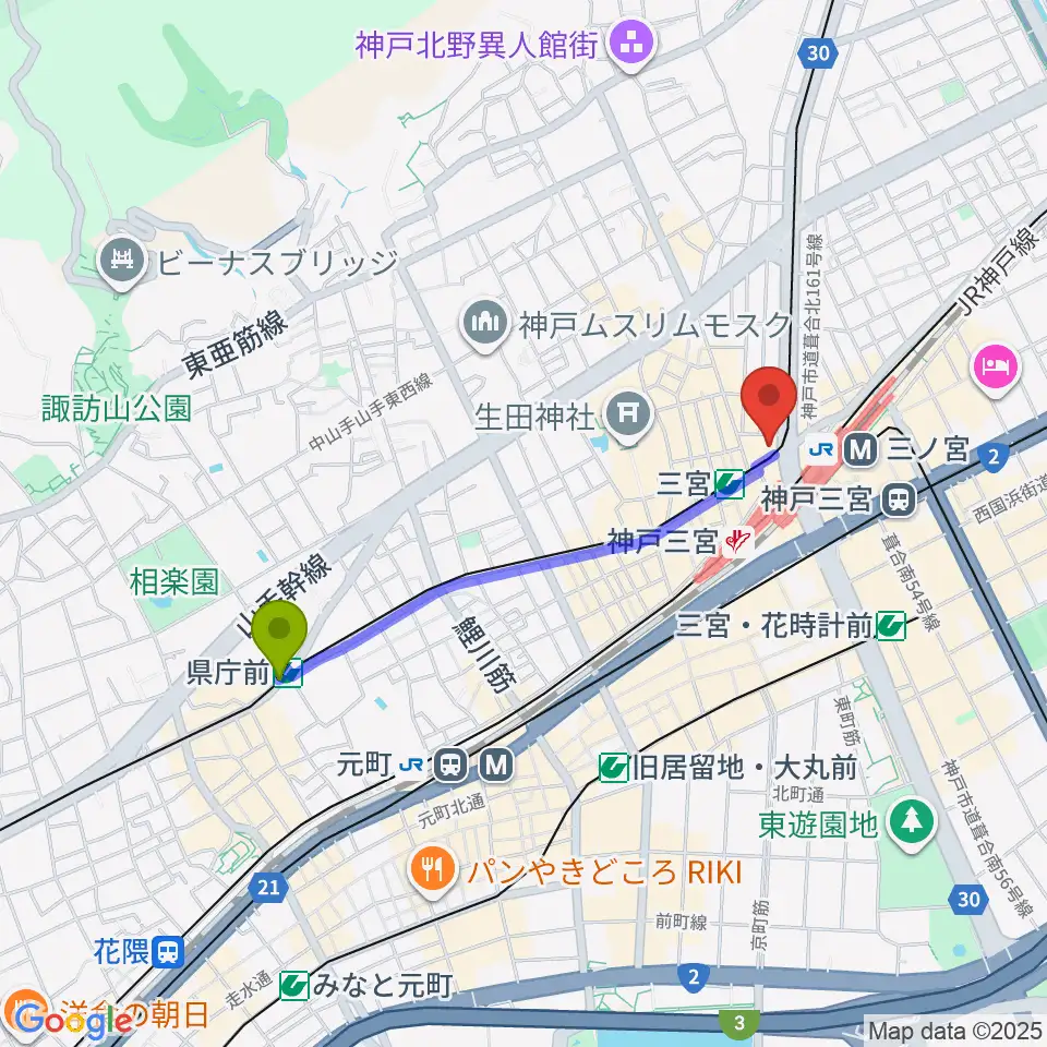 県庁前駅から神戸楽譜へのルートマップ地図