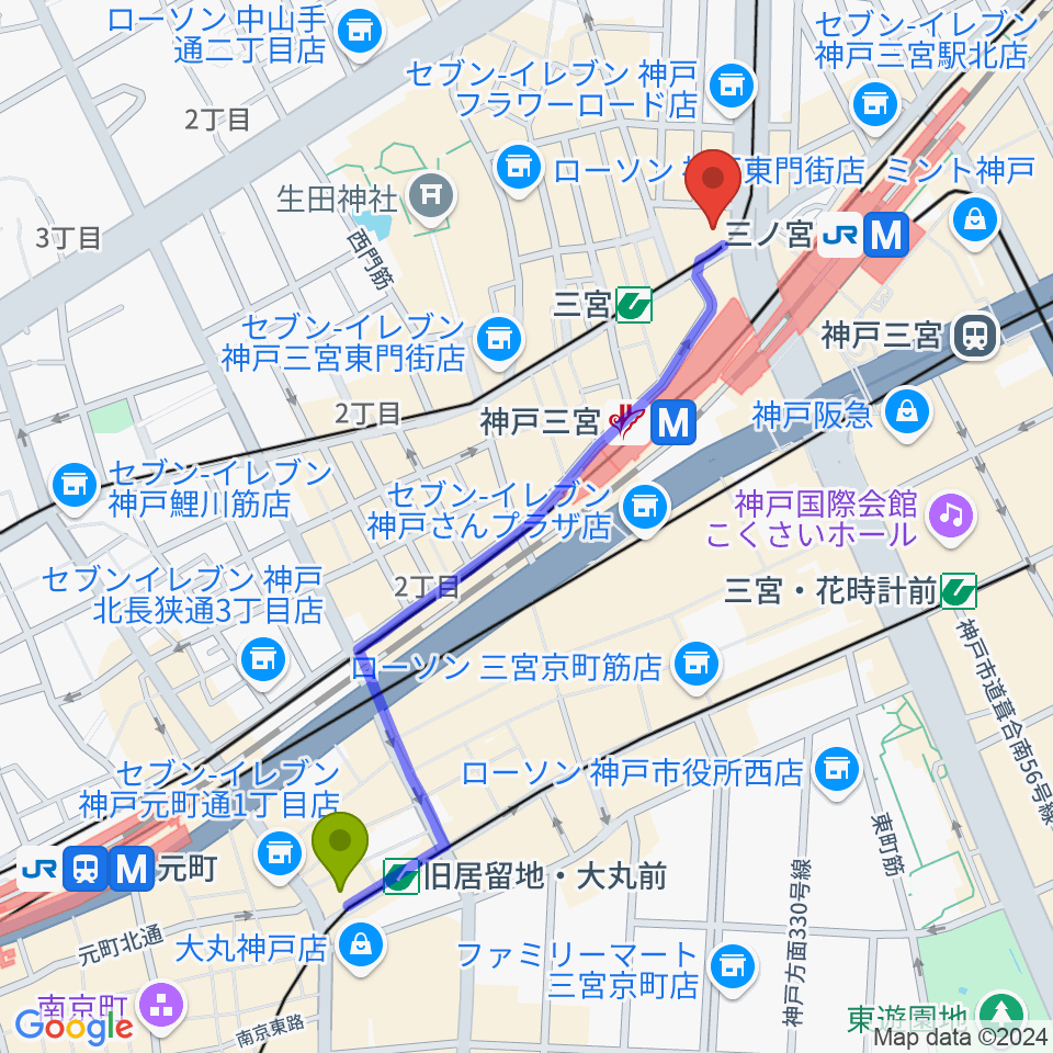 旧居留地・大丸前駅から神戸楽譜へのルートマップ地図