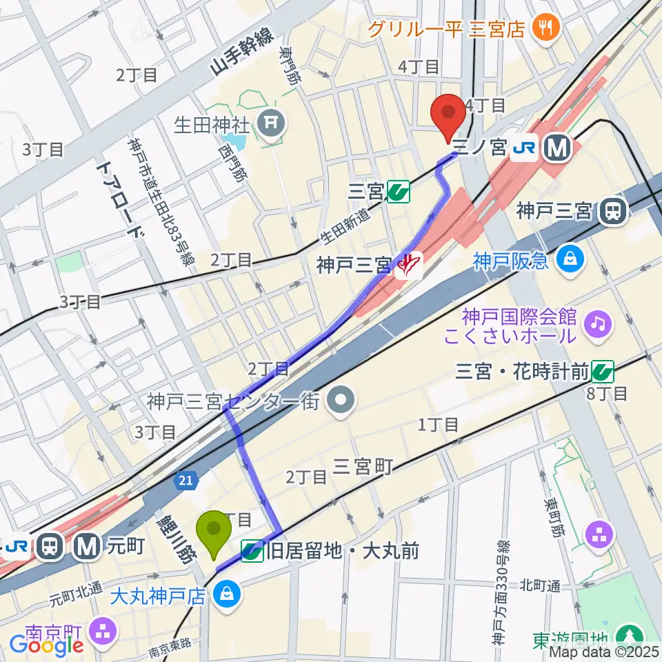 旧居留地・大丸前駅から神戸楽譜へのルートマップ地図