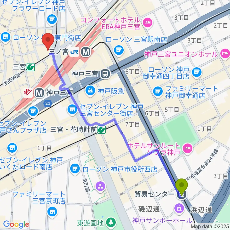 貿易センター駅から神戸楽譜へのルートマップ地図