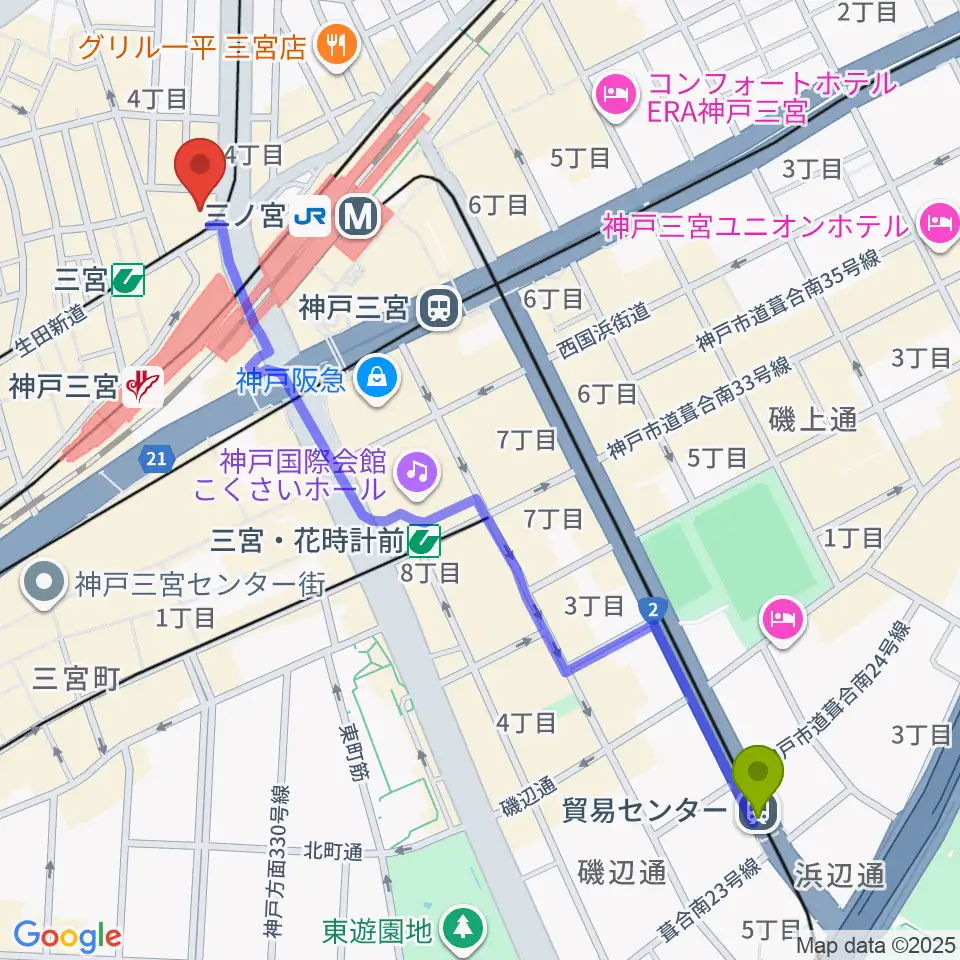 貿易センター駅から神戸楽譜へのルートマップ地図