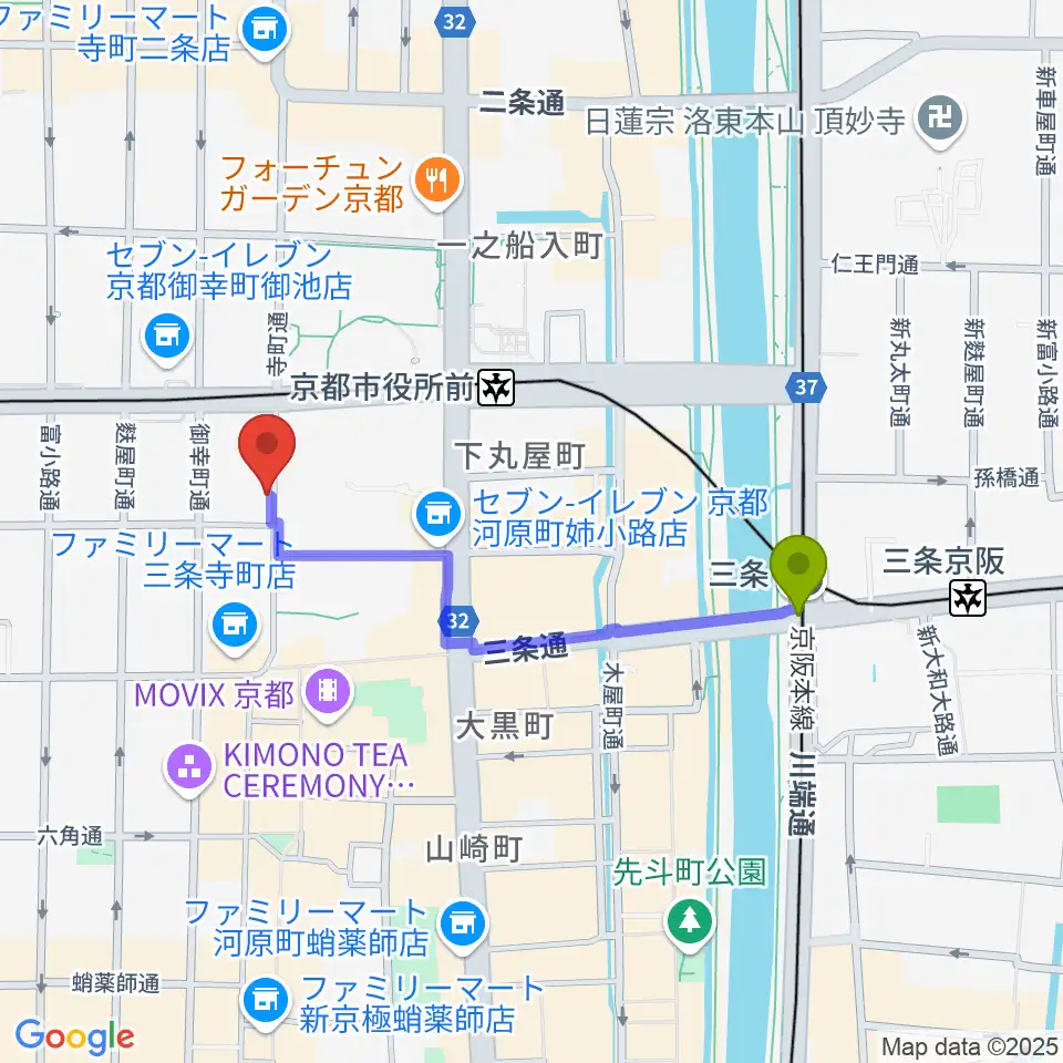 三条駅から民族楽器コイズミへのルートマップ地図