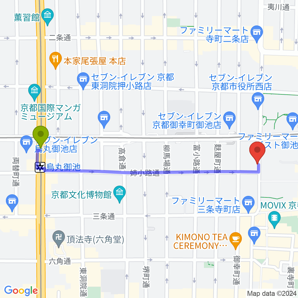 烏丸御池駅から民族楽器コイズミへのルートマップ地図