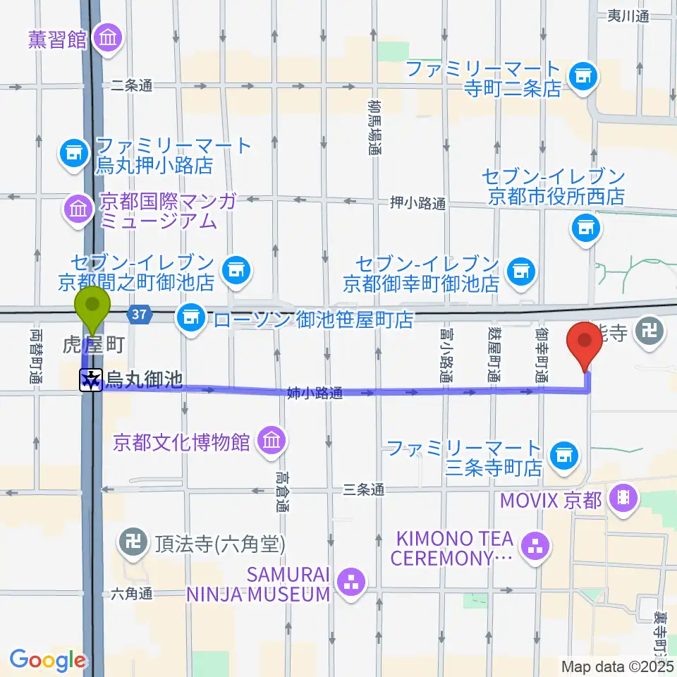 烏丸御池駅から民族楽器コイズミへのルートマップ地図