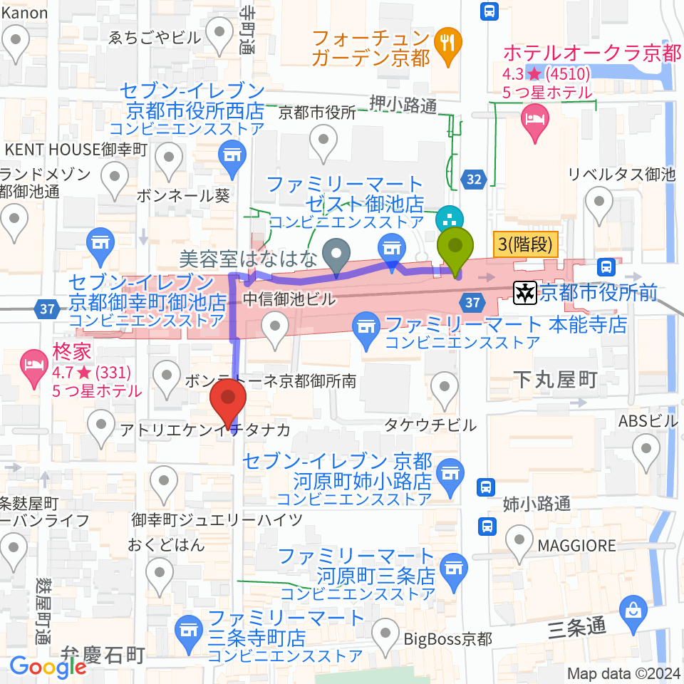 民族楽器コイズミの最寄駅京都市役所前駅からの徒歩ルート（約3分）地図