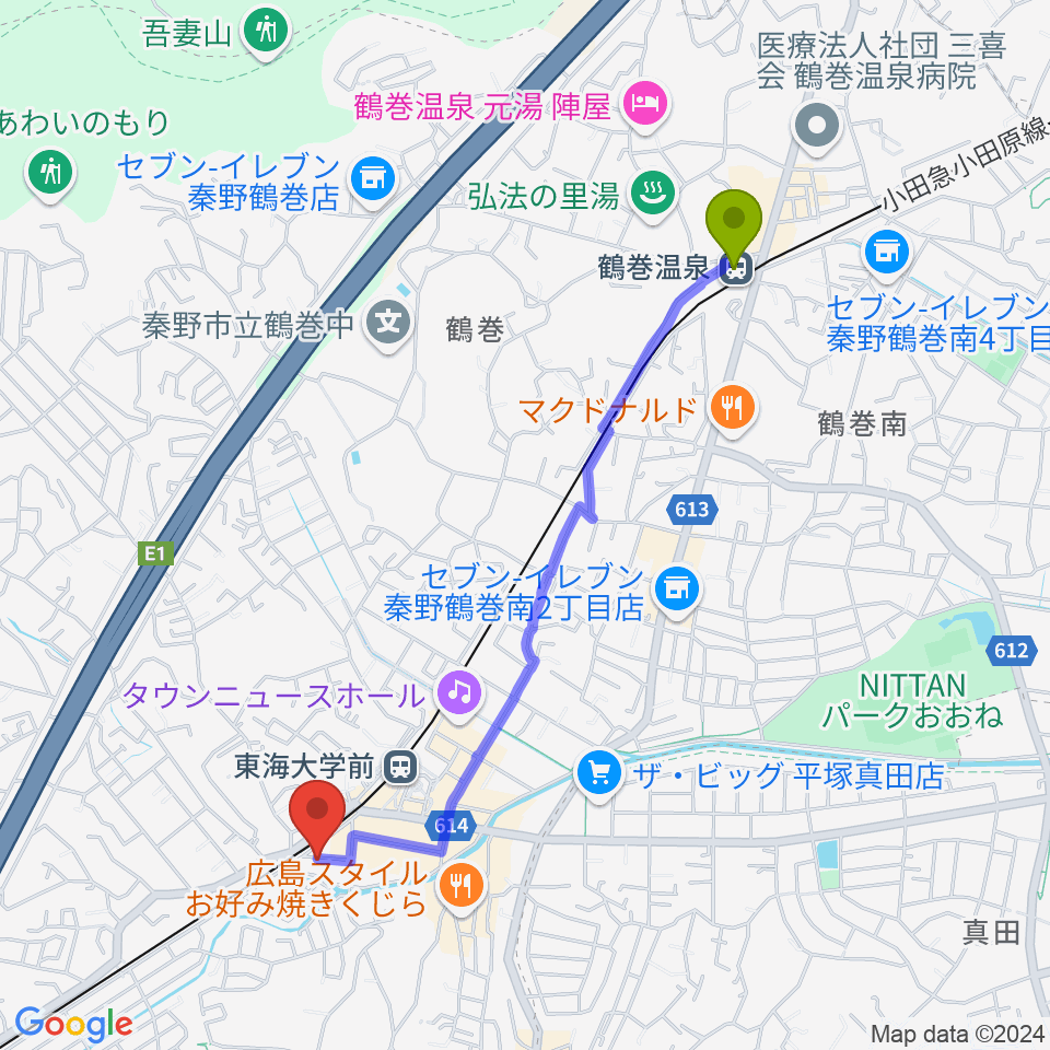 鶴巻温泉駅からHiP-Sound秦野本店へのルートマップ地図