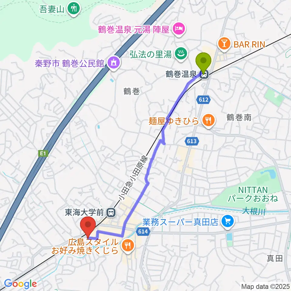 鶴巻温泉駅からHiP-Sound秦野本店へのルートマップ地図
