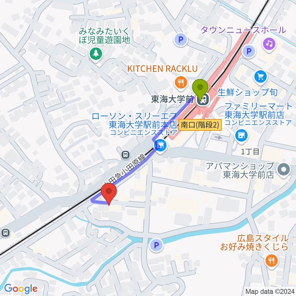 HiP-Sound秦野本店の最寄駅東海大学前駅からの徒歩ルート（約4分）地図