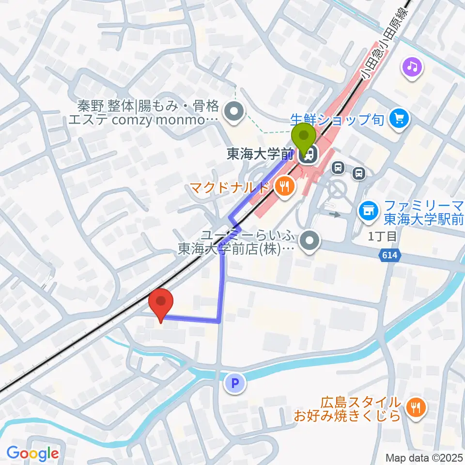 HiP-Sound秦野本店の最寄駅東海大学前駅からの徒歩ルート（約4分）地図
