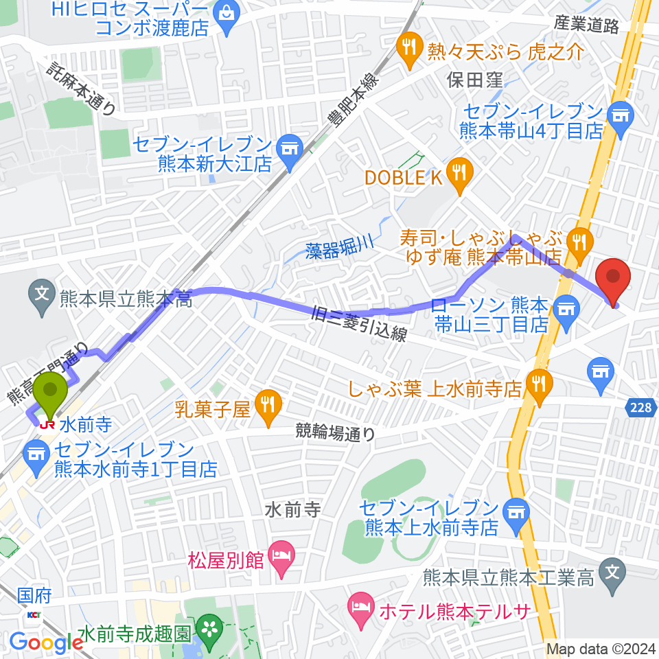 水前寺駅から古城楽器へのルートマップ地図