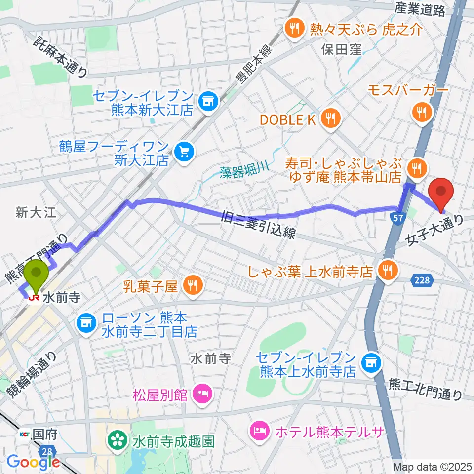 水前寺駅から古城楽器へのルートマップ地図
