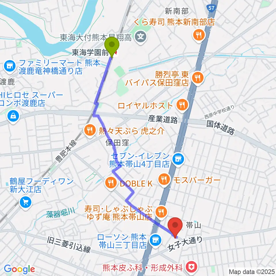 古城楽器の最寄駅東海学園前駅からの徒歩ルート（約22分）地図