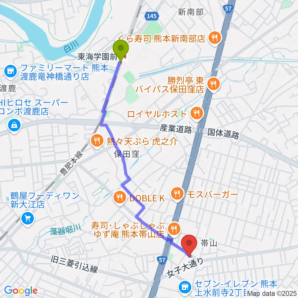 古城楽器の最寄駅東海学園前駅からの徒歩ルート（約22分）地図