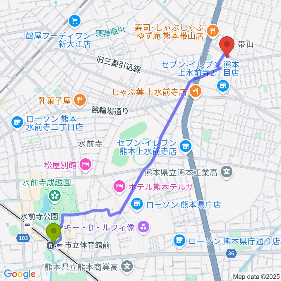 市立体育館前駅から古城楽器へのルートマップ地図