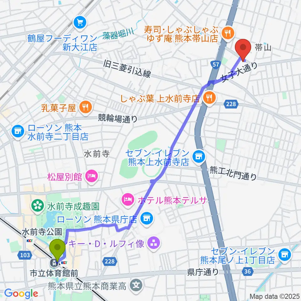 市立体育館前駅から古城楽器へのルートマップ地図