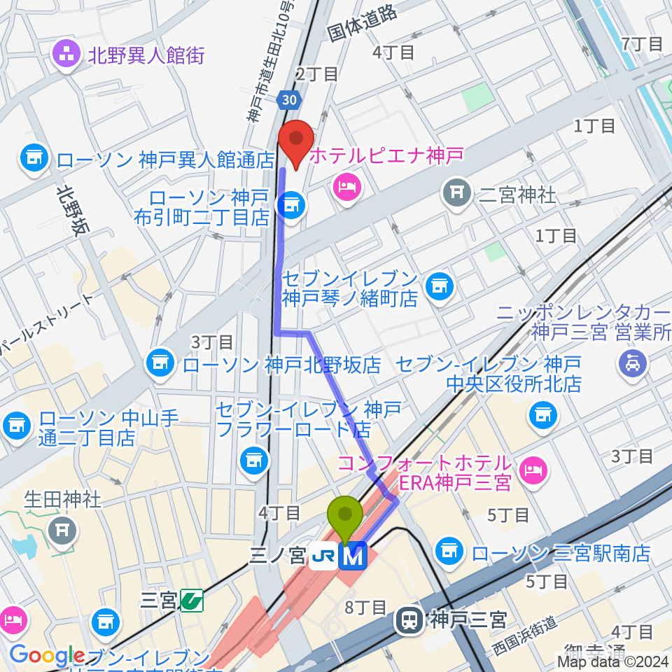 ブリーズ楽器の最寄駅三ノ宮駅からの徒歩ルート（約9分）地図