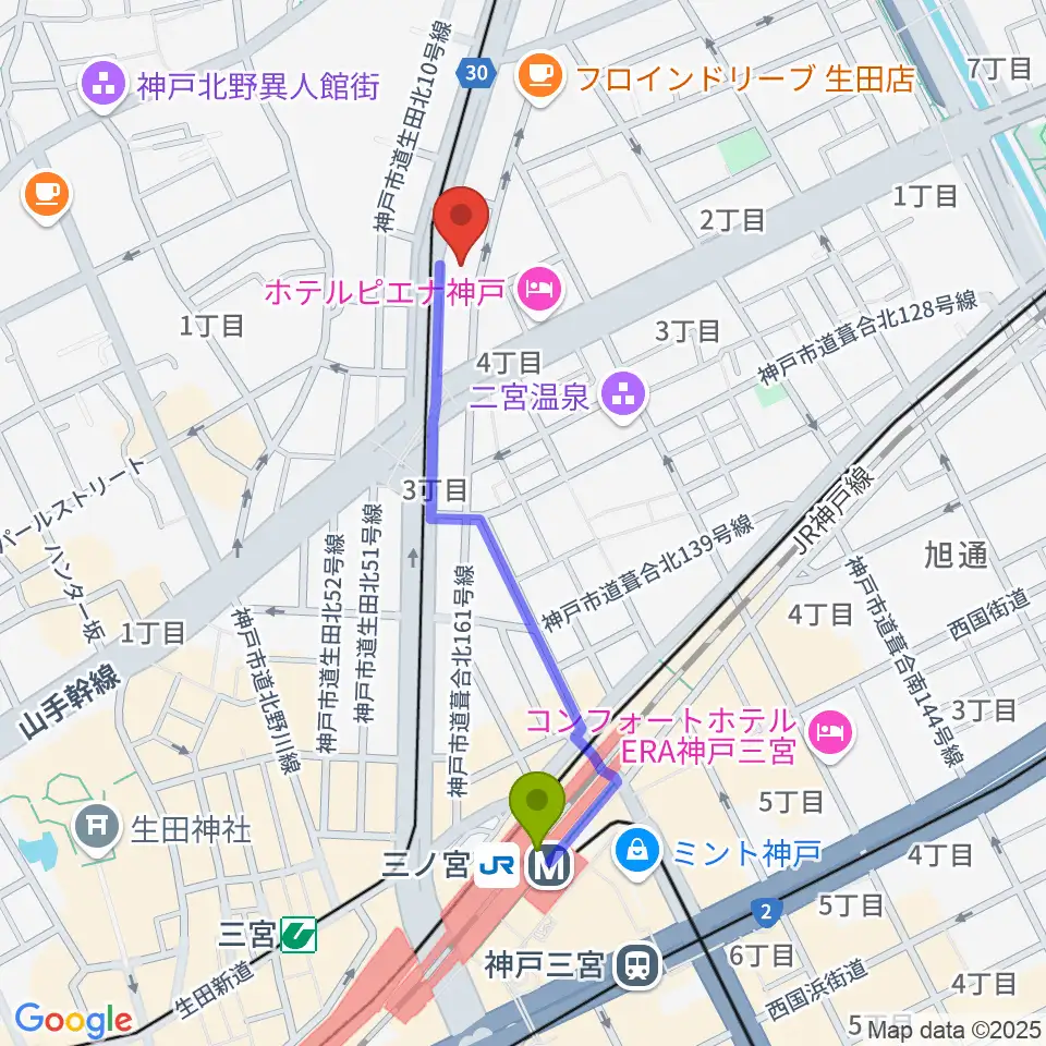 ブリーズ楽器の最寄駅三ノ宮駅からの徒歩ルート（約9分）地図